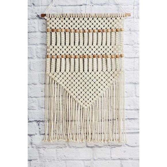 Natural Braid Wood Beads Fringe Macramé Wall Hanging Boho Decor - Picture 2 of 3